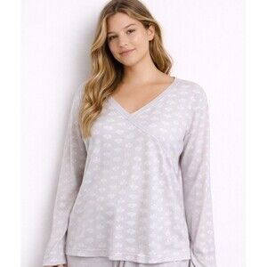 Garnet Hill Asian Wrap Pajama Top Shirt M Organic Cotton Gray Abstract Print